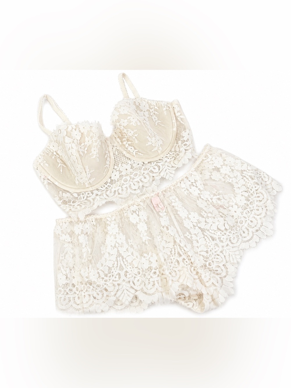 Victoria Secret Ivory Lace Bra Panty Set 36D L Bridal Romantic Sexy Lingerie